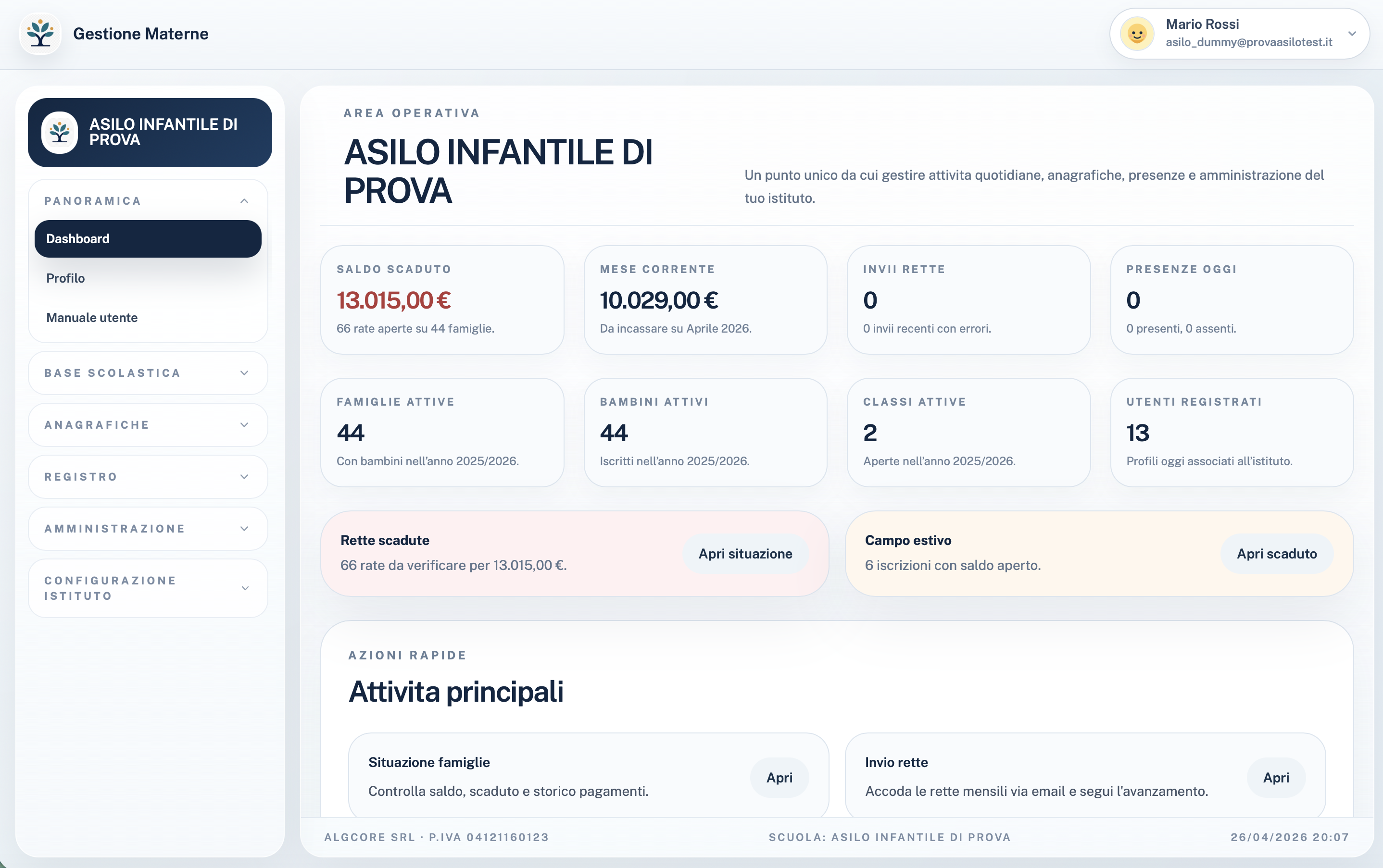 Dashboard di Gestione Materne con saldi, presenze e dati dell'istituto