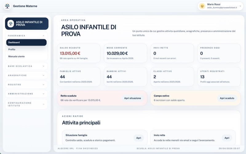 Dashboard di Gestione Materne con riepilogo di presenze, rette e situazione delle famiglie