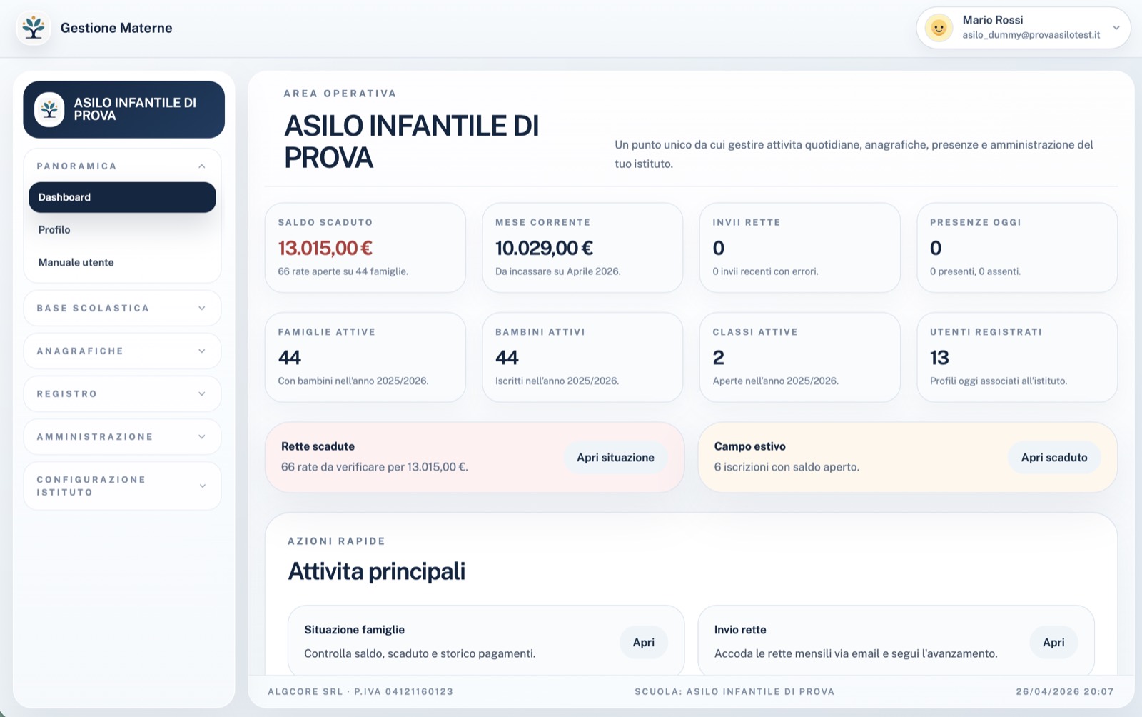 Dashboard di Gestione Materne con saldi, presenze e dati dell'istituto