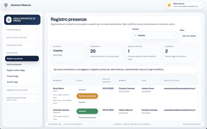 Registro presenze con stati presente, presente senza pasto e assente