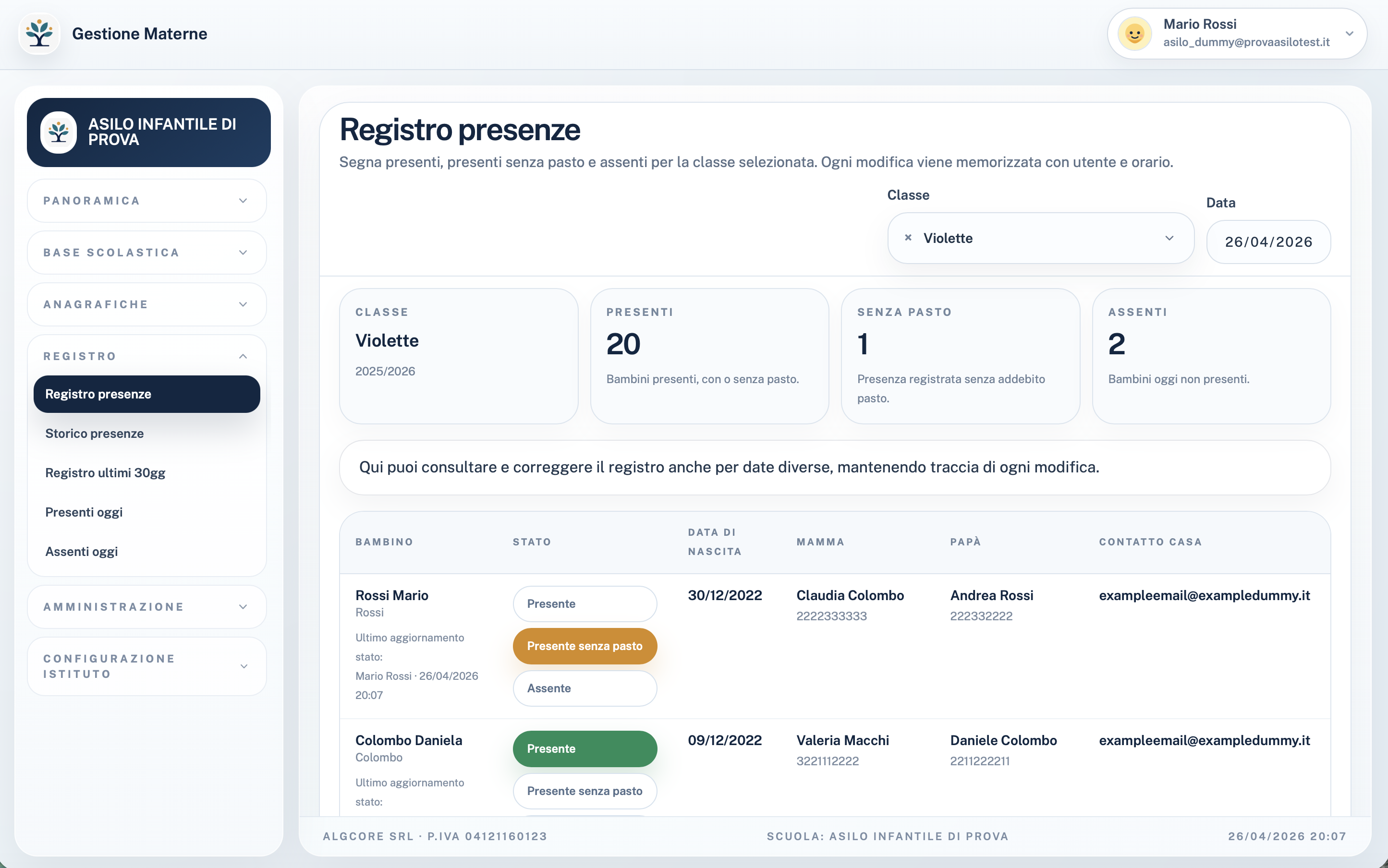Registro presenze con stati presente, presente senza pasto e assente