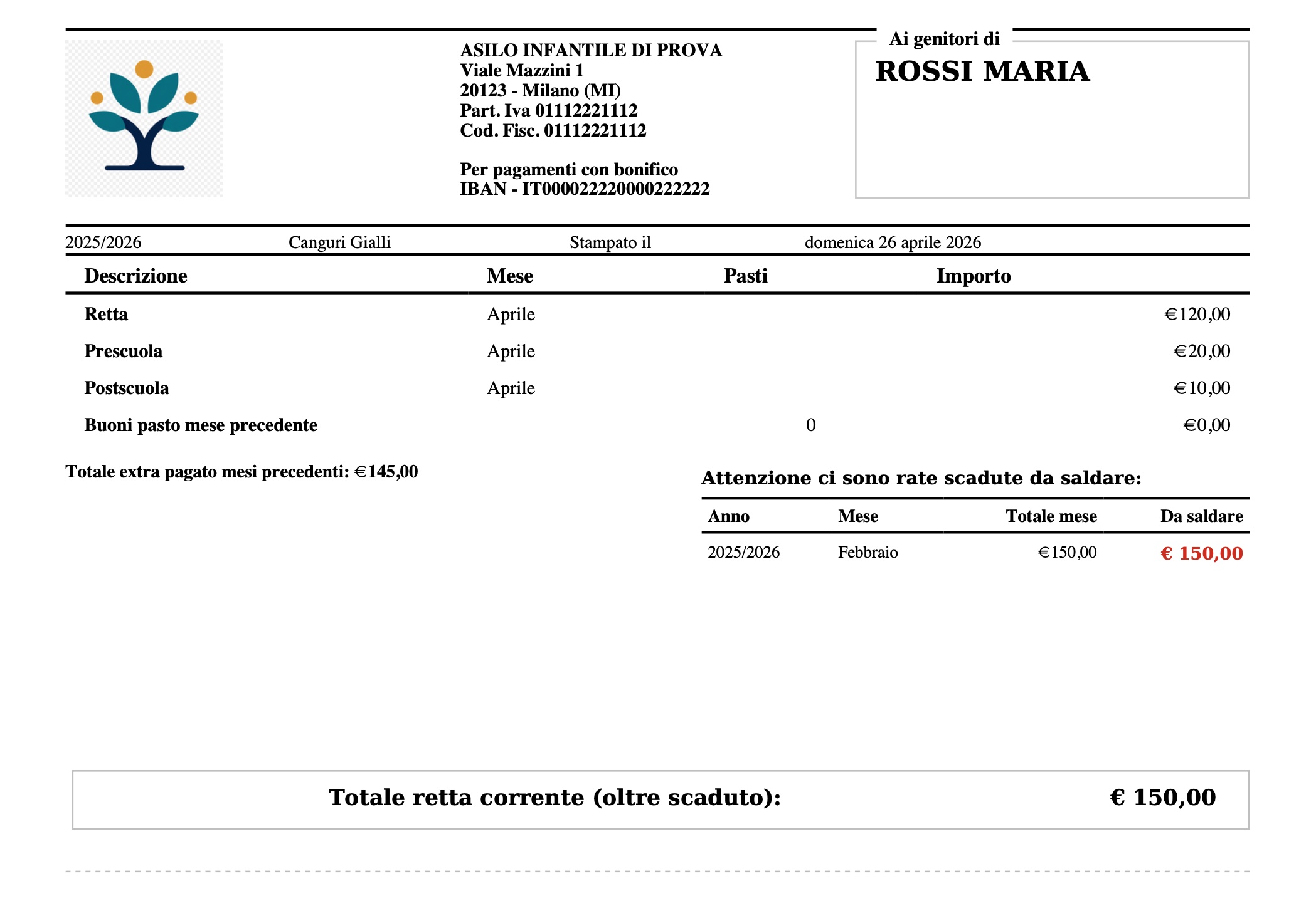 Stampa retta mensile con dati istituto, IBAN e totale dovuto